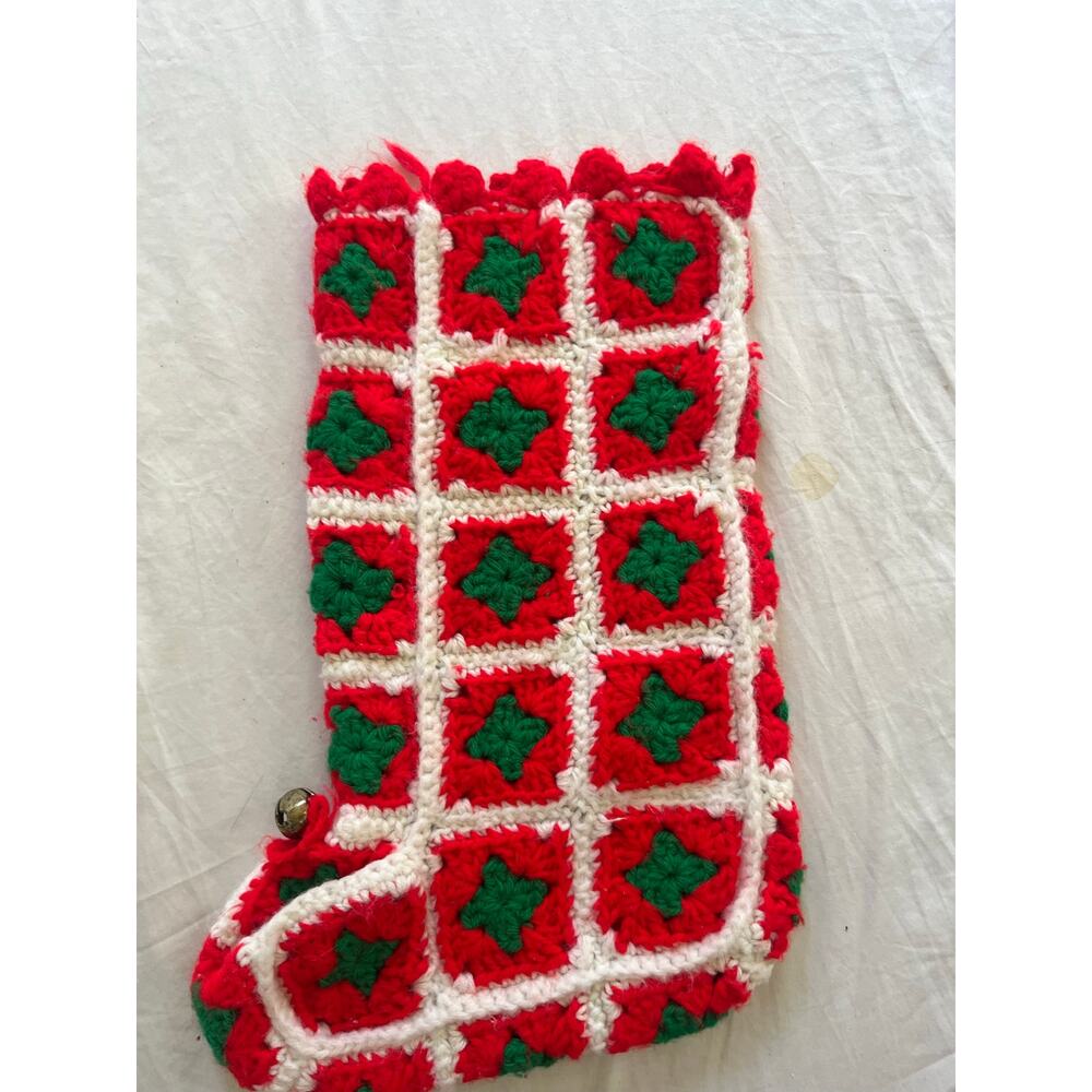 Vintage Crochet Granny Square Christmas Stocking Red Green White Handmade Bell